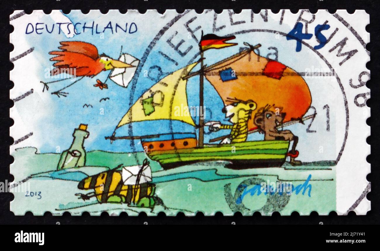GERMANIA - CIRCA 2013: Un francobollo stampato in Germania mostra la barca a vela, Illustrazione di Janosch (Horst Eckert), circa 2013 Foto Stock