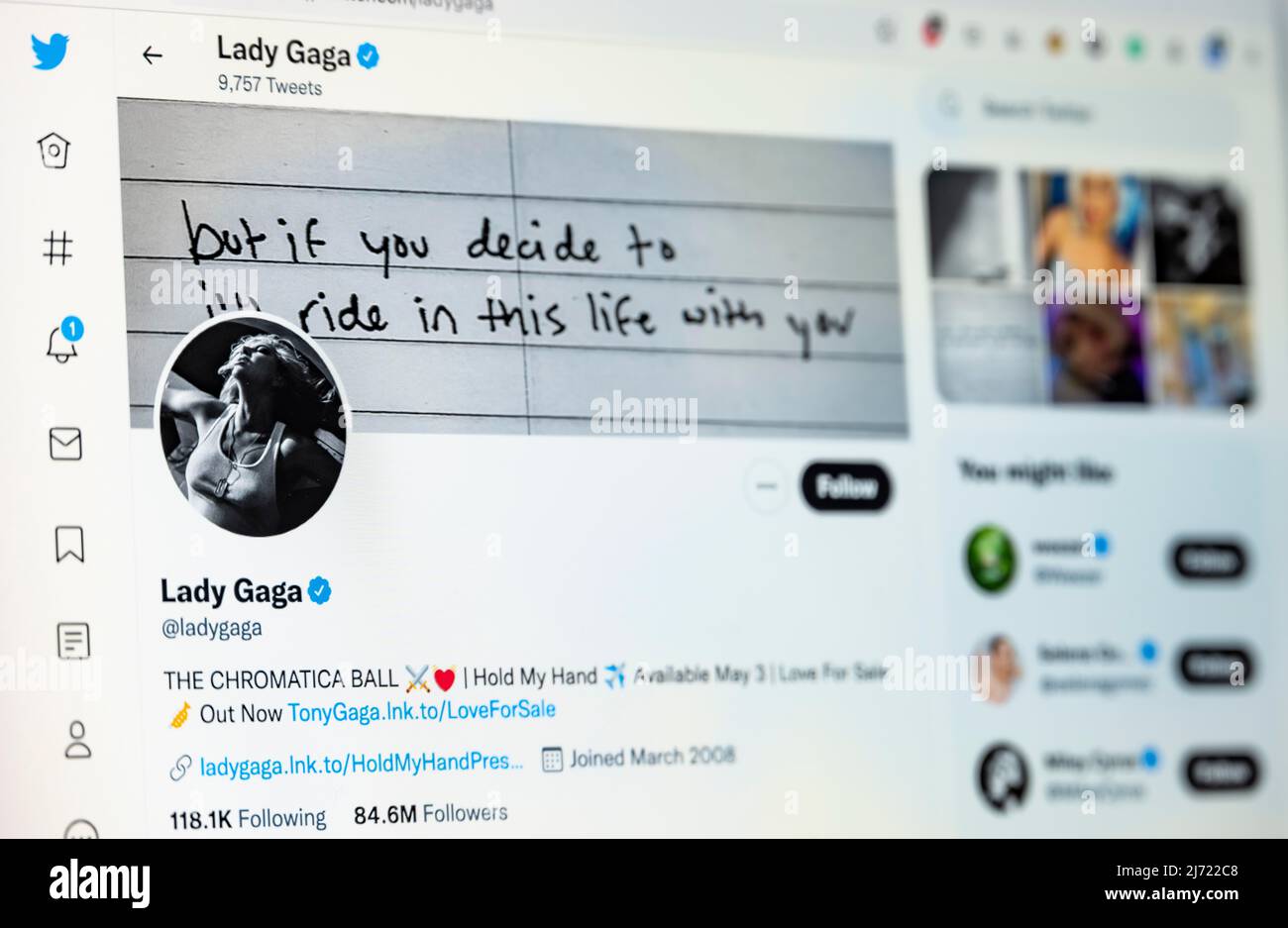 Twitter Seite der Musikerin Lady Gaga, Twitter, Soziales Netzwerk, Internet, Bildschirmfoto, Dettaglio, Germania Foto Stock