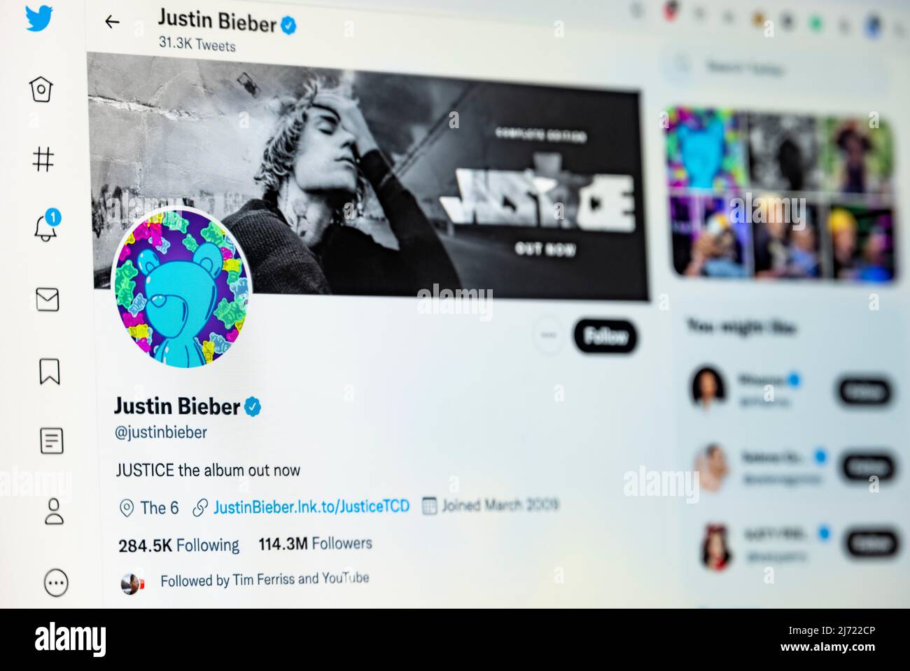 Twitter Seite des Musichers Justin Bieber, Soziales Netzwerk, Internet, Bildschirmfoto, dettaglio, Germania Foto Stock