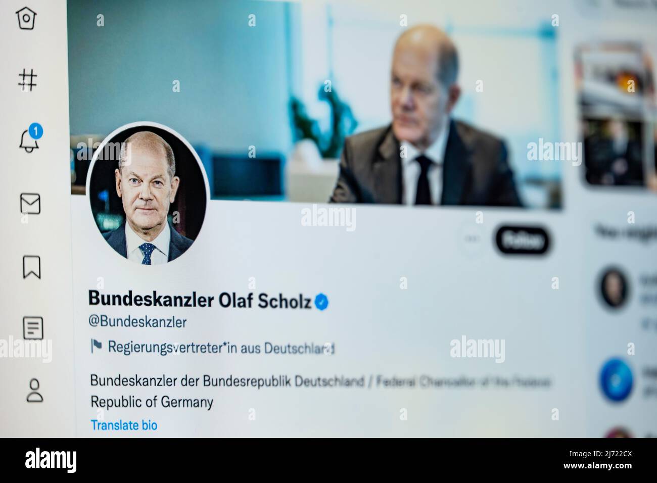 Twitter Seite der deutschen Bundeskanzlers OLAF Scholz, Twitter, Soziales Netzwerk, Internet, Bildschirmfoto, Dettaglio, Germania Foto Stock