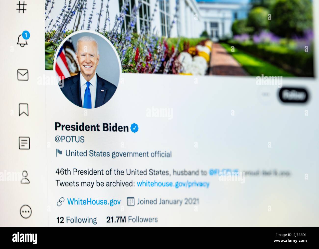 Twitter Seite des amerikanischen Praesidenten Joe Biden, POTUS, Twitter, Soziales Netzwerk, Internet, Internetseite, Bildschirmfoto, dettaglio Foto Stock