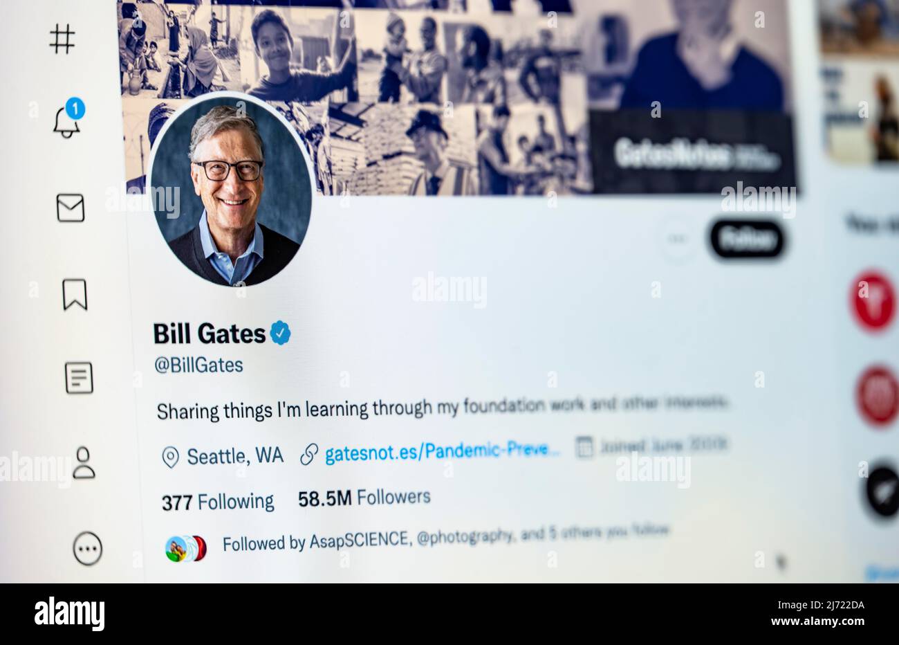 Twitter Seite des Unternehmers Bill Gates, Twitter, Soziales Netzwerk, Internet, Internetseite, Bildschirmfoto, dettaglio, Germania Foto Stock