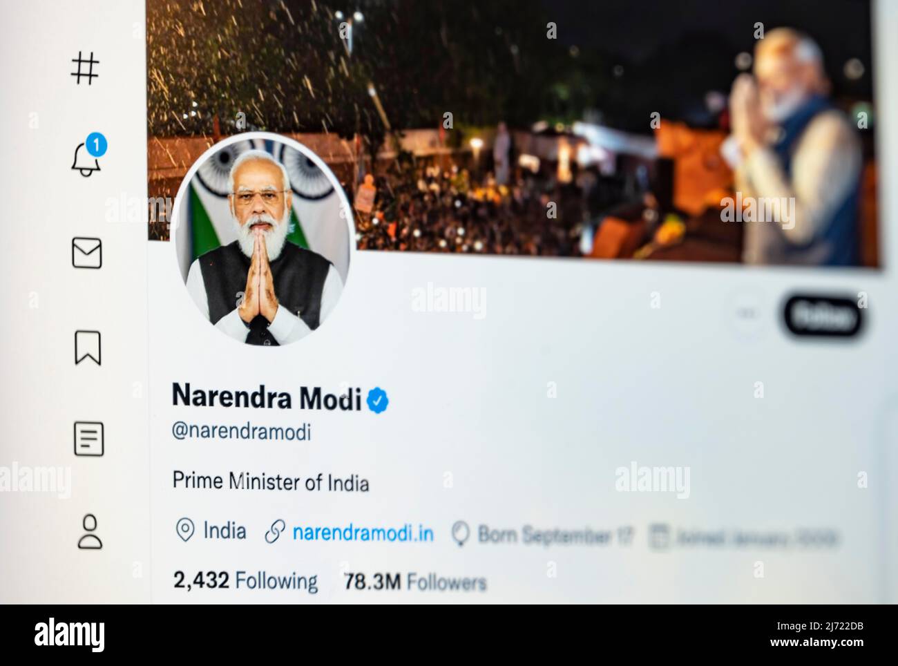 Twitter Seite des indischen Premierministri Narendra modi, Twitter, Soziales Netzwerk, Internet, Bildschirmfoto, Dettaglio, Germania Foto Stock