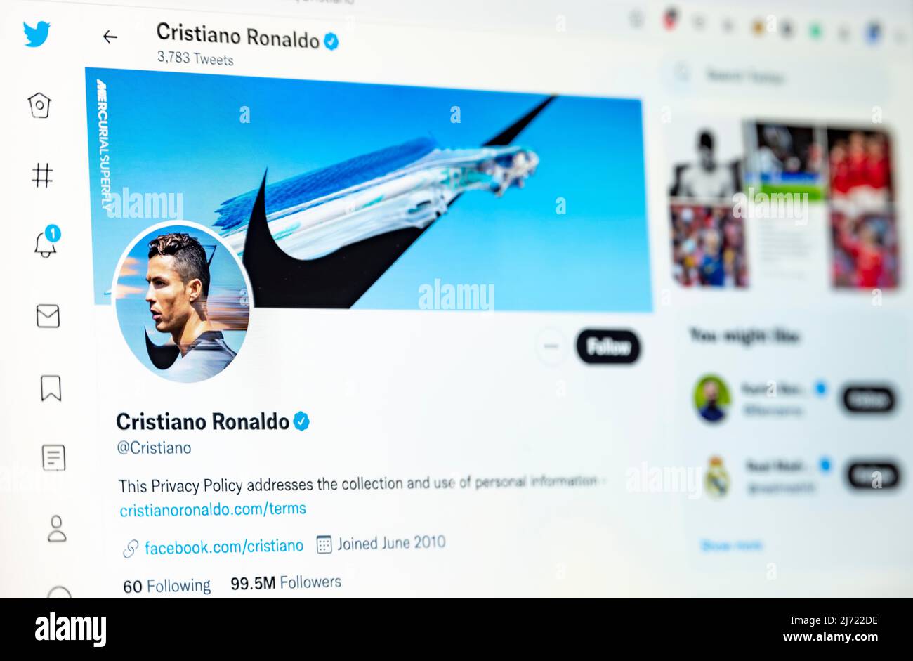 Twitter Seite des Fussballspielers Cristiano Ronaldo, Twitter, Soziales Netzwerk, Internet, Bildschirmfoto, Dettaglio, Germania Foto Stock