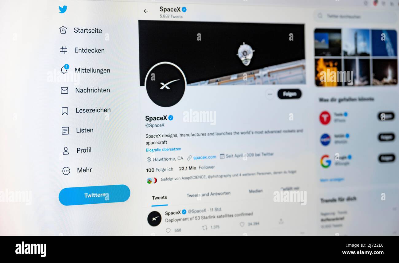 Twitter Seite des Raumfahrtunternehmens SpaceX, Twitter, Soziales Netzwerk, Internet, Internetseite, Bildschirmfoto, dettaglio, Germania Foto Stock