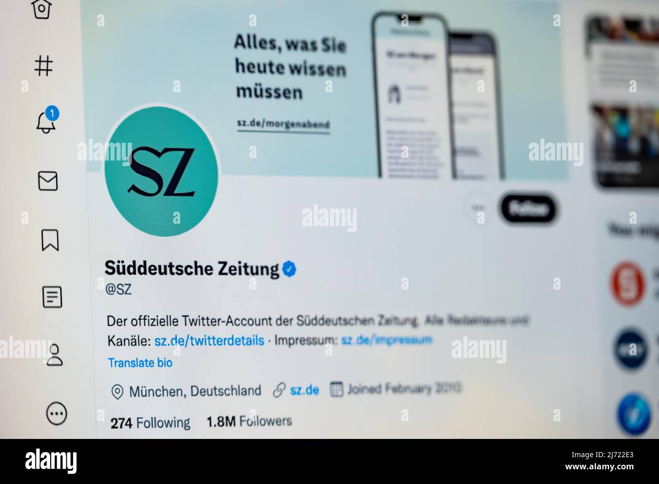 Twitter Seite der Sueddeutschen Zeitung, Twitter, Soziales Netzwerk, Internet, Internetseite, Bildschirmfoto, dettaglio, Germania Foto Stock