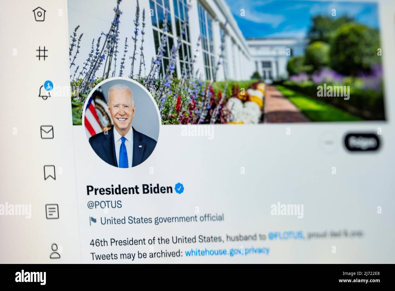 Twitter Seite des amerikanischen Praesidenten Joe Biden, POTUS, Twitter, Soziales Netzwerk, Internet, Internetseite, Bildschirmfoto, dettaglio Foto Stock