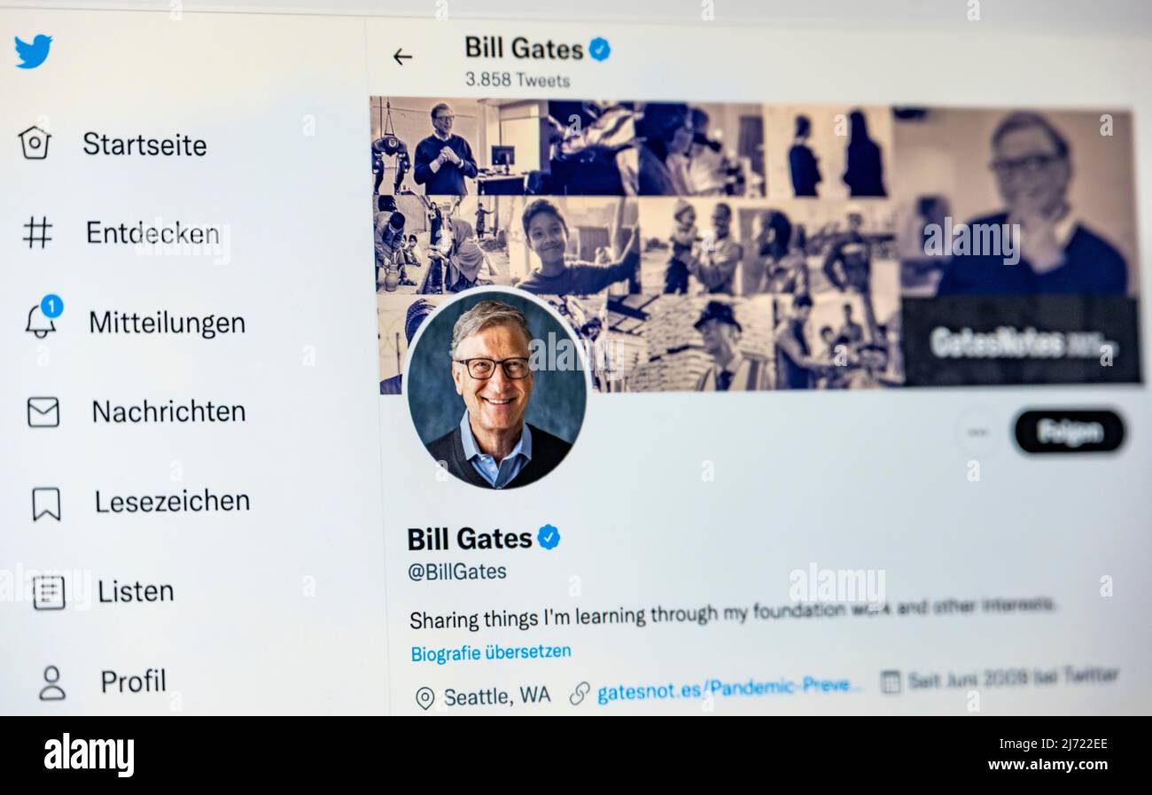 Twitter Seite des Unternehmers Bill Gates, Twitter, Soziales Netzwerk, Internet, Internetseite, Bildschirmfoto, dettaglio, Germania Foto Stock