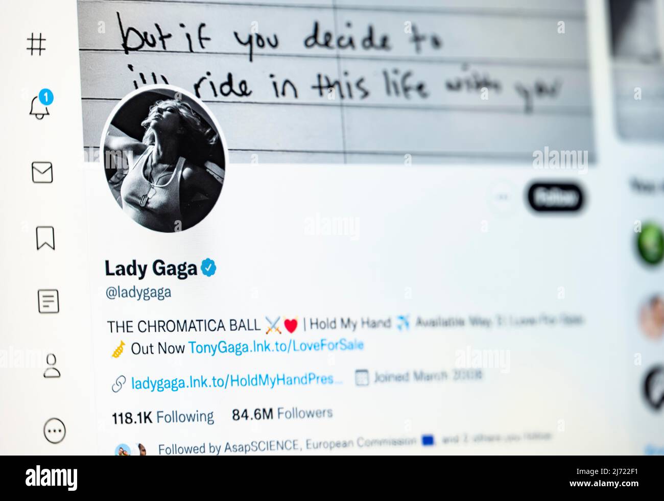 Twitter Seite der Musikerin Lady Gaga, Twitter, Soziales Netzwerk, Internet, Bildschirmfoto, Dettaglio, Germania Foto Stock