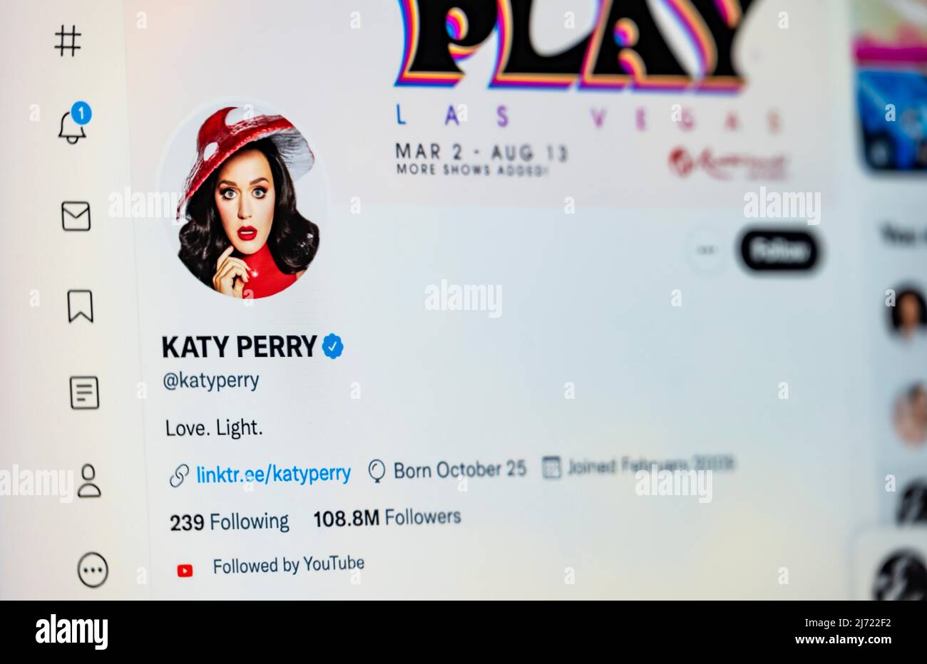 Twitter Seite der Musikerin Katy Perry, Twitter, Soziales Netzwerk, Internet, Bildschirmfoto, Dettaglio, Germania Foto Stock