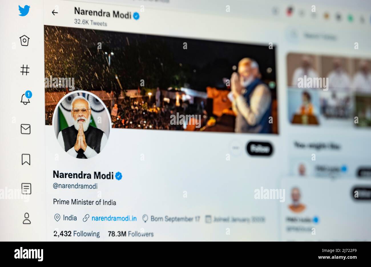 Twitter Seite des indischen Premierministri Narendra modi, Twitter, Soziales Netzwerk, Internet, Bildschirmfoto, Dettaglio, Germania Foto Stock