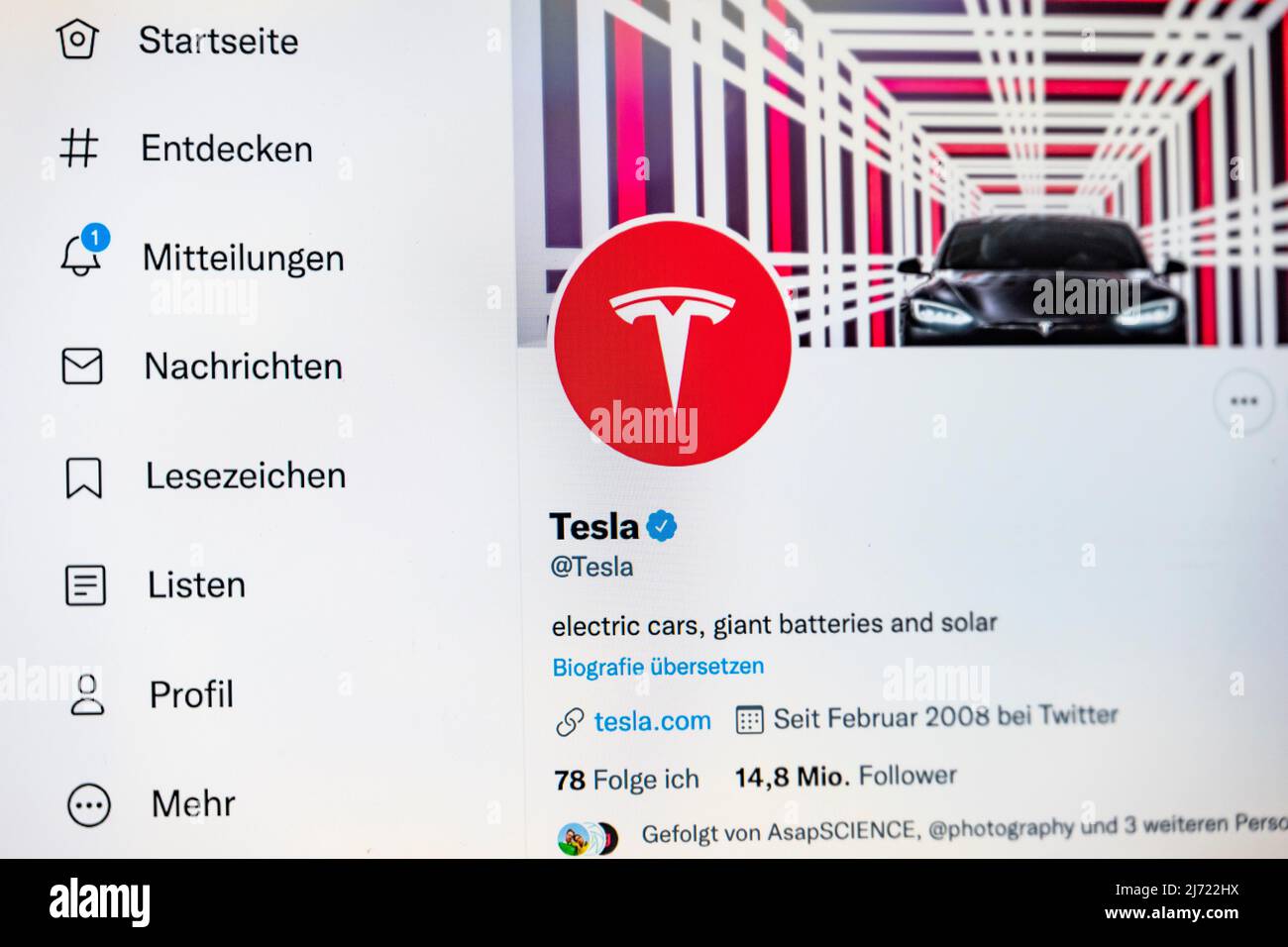 Twitter Seite des Unternehmen Tesla, Twitter, Soziales Netzwerk, Internet, Internetseite, Bildschirmfoto, dettaglio, Germania Foto Stock