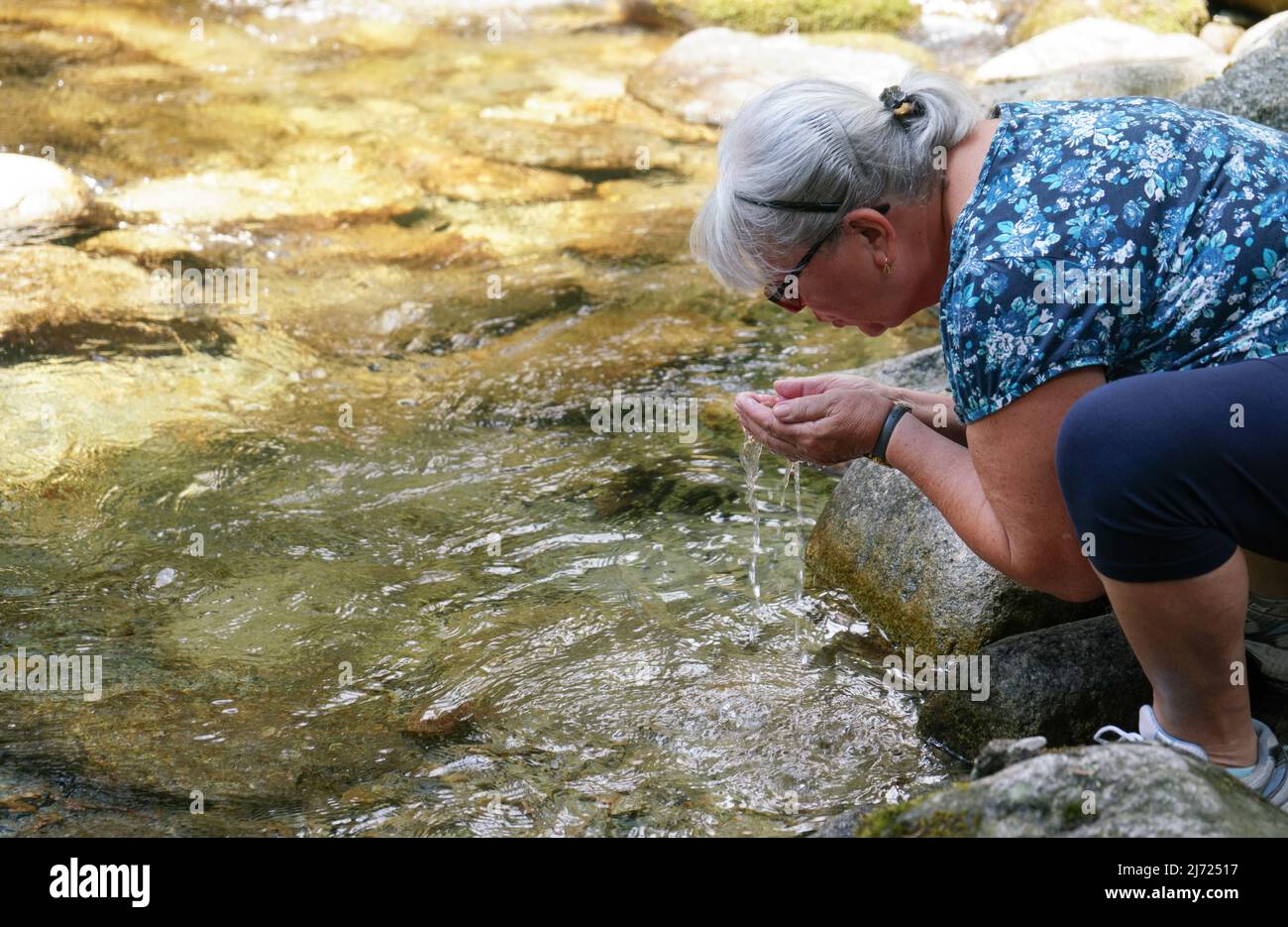 Anziana donna anziana che tiene l'acqua dal fiume della foresta in una tazza delle sue mani che sta per berla Foto Stock