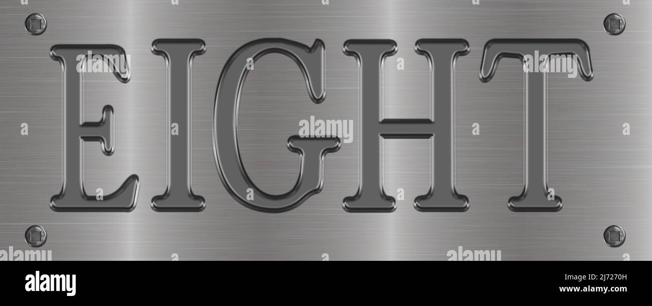 Piastra in alluminio montata con bulloni etichettati 'EIGHT' Foto Stock