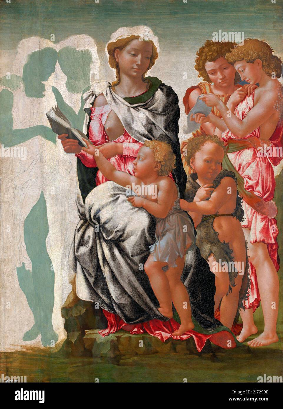 La Vergine col Bambino con San Giovanni e Angeli ("la Madonna di Manchester") di Michelangelo (1475-1564), tempera su legno, c.. 1494 Foto Stock