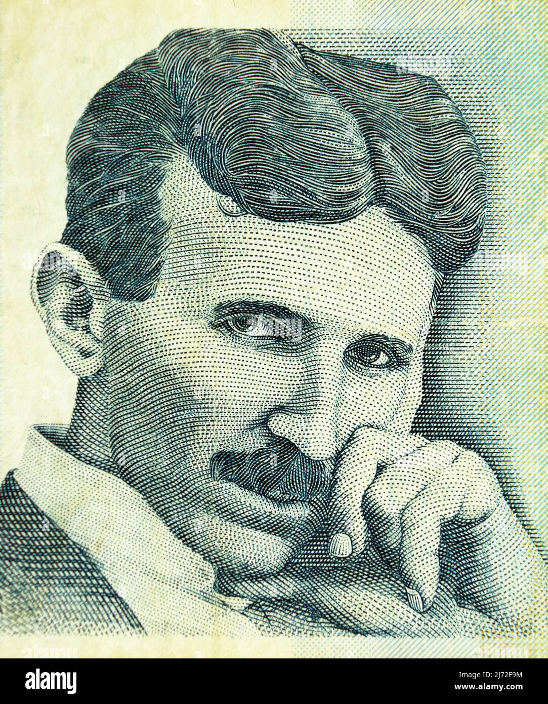 Temla Incision Ritratto di Nikola Tesla, famoso scienziato serbo, incisione su vecchia ...