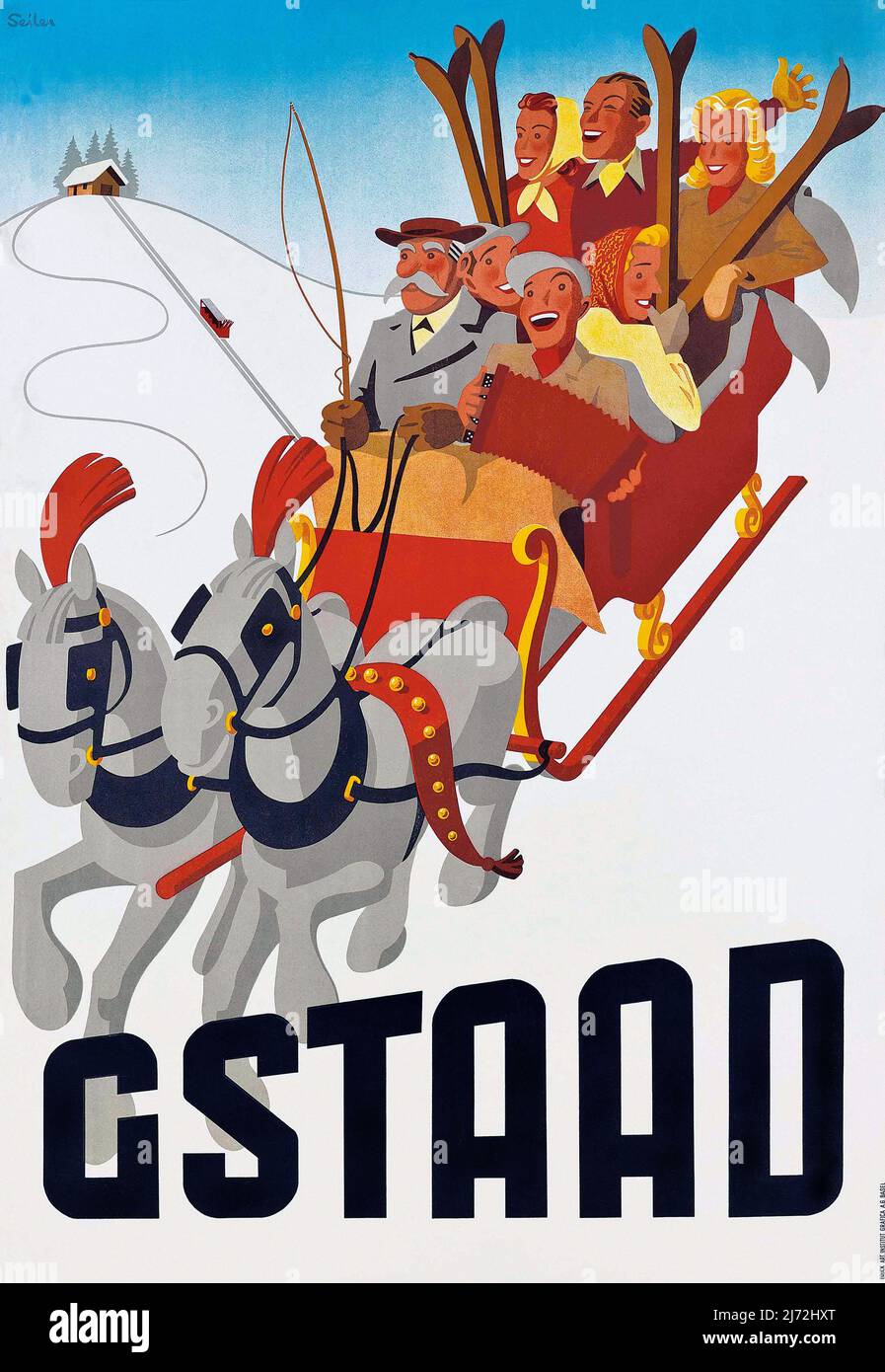 Poster da viaggio vintage 1940s - Seiler - GSTAAD - Sport invernali 1942. Cavallo e slitta piena di sciatori. Suisse, Schweiz, Svizzera Foto Stock