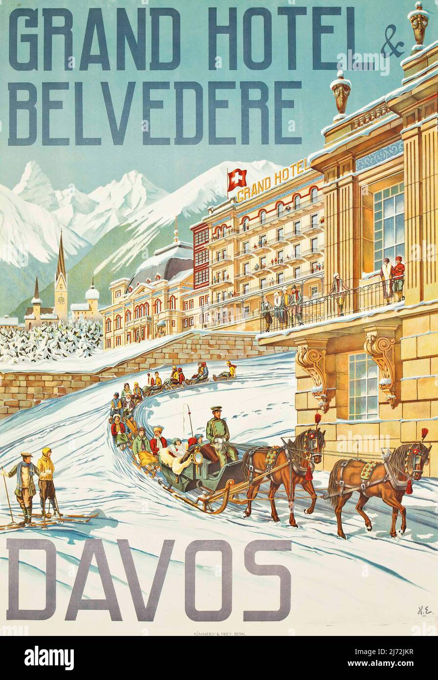 Poster di viaggio vintage 1900s - Grand Hotel & Belvedere, Davos (1905). Foto Stock