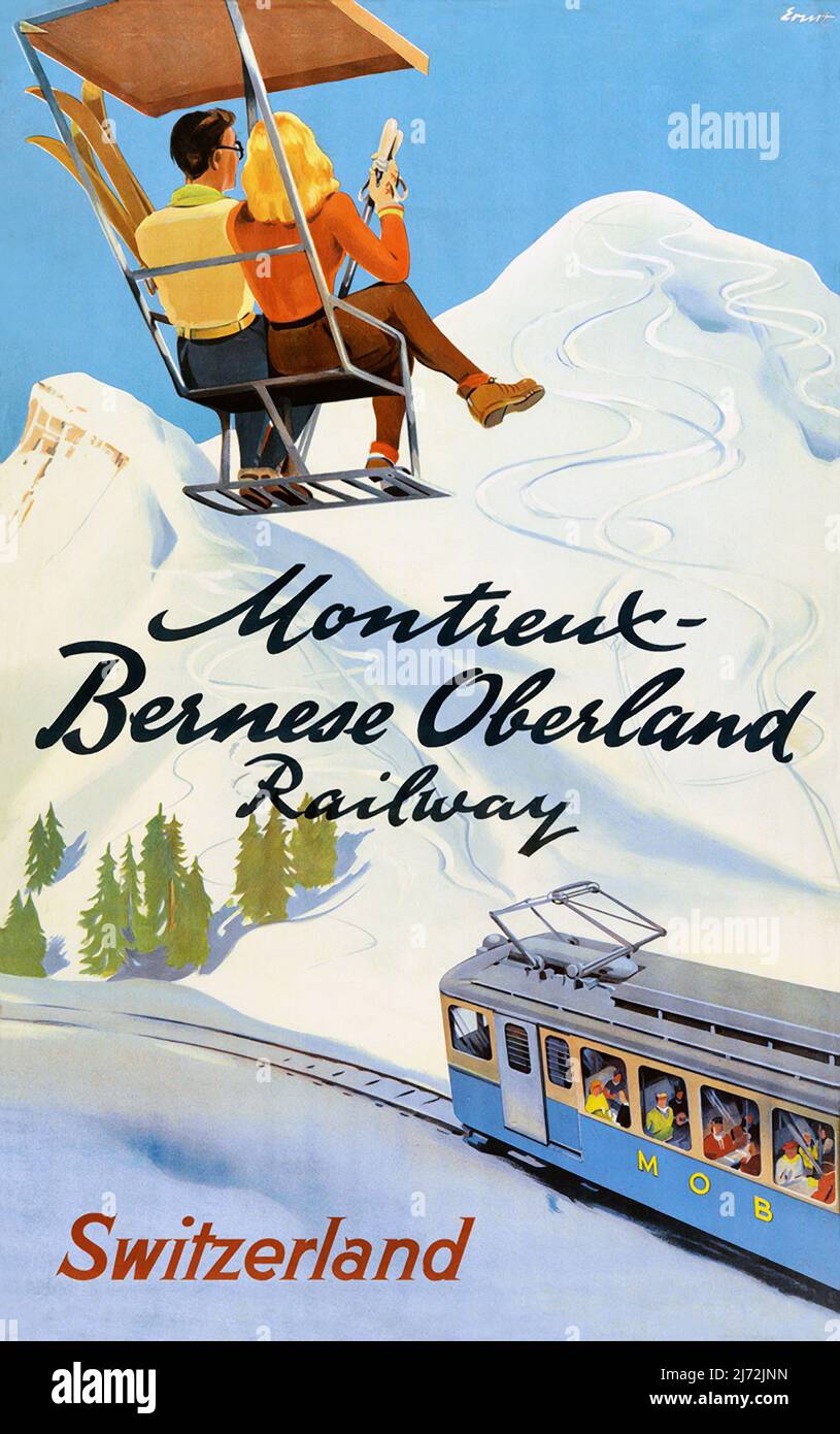 Poster da viaggio Vintage 1950s - Ferrovia Oberland di Montreux-Bernese 1954. Una coppia corre a sinistra su uno sci sopra la ferrovia di Montreux-Bernese Oberland. Foto Stock