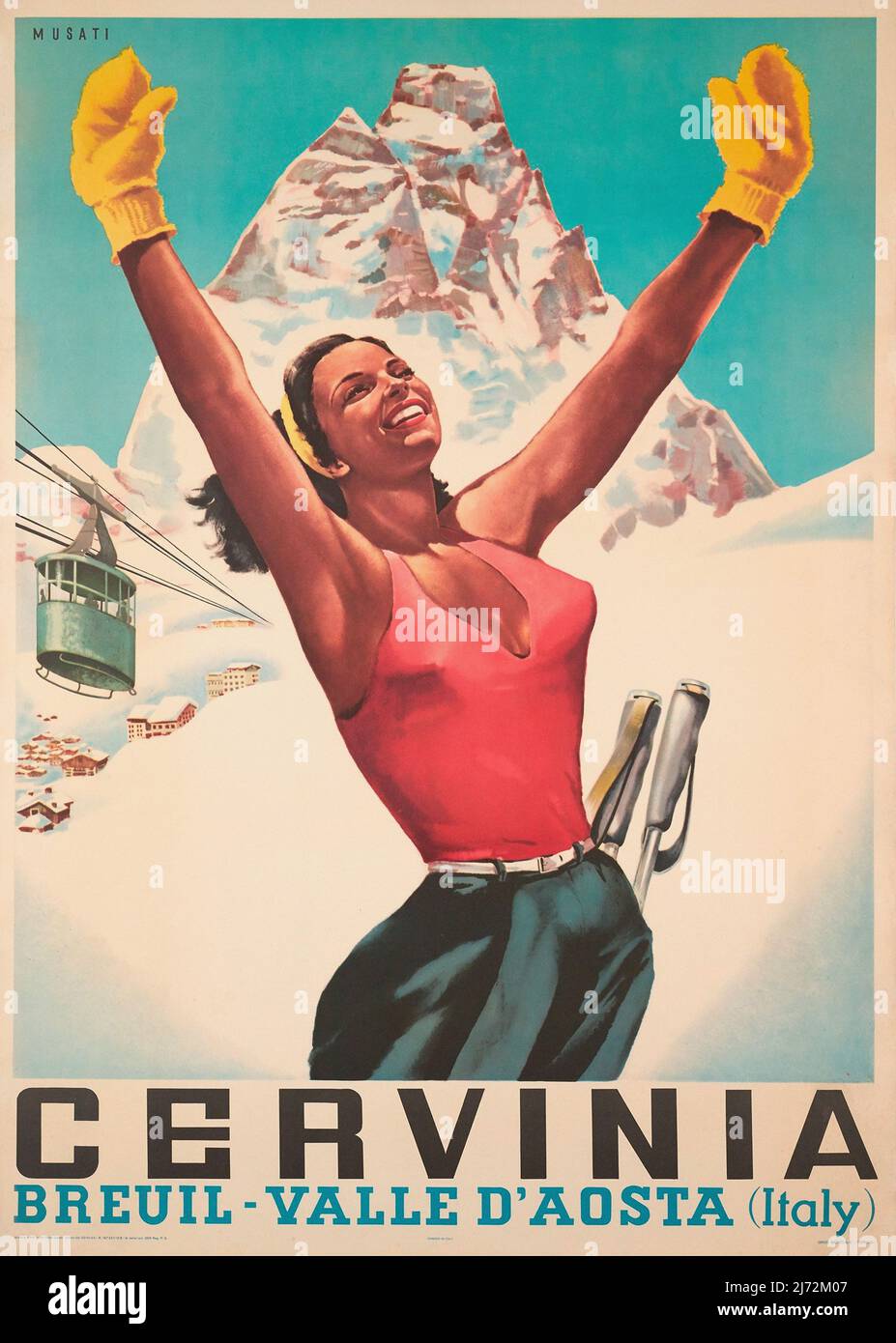 POSTER D'EPOCA Cervinia, Breuil - Valle d'Aosta (Italia) Arnaldo Musati circa 1953 Foto Stock