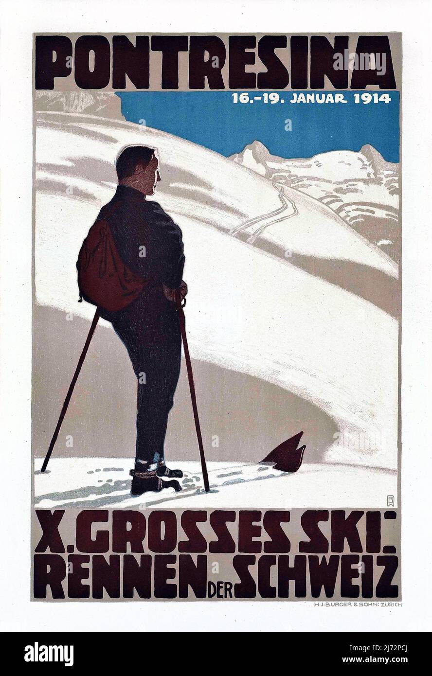 Poster da viaggio Vintage 1900s - Pontresina, X. Grosses Skirennen der Schweiz. - Sport invernali. 1914. WILHELM FRIEDRICH BURGER (1882-1964) Foto Stock