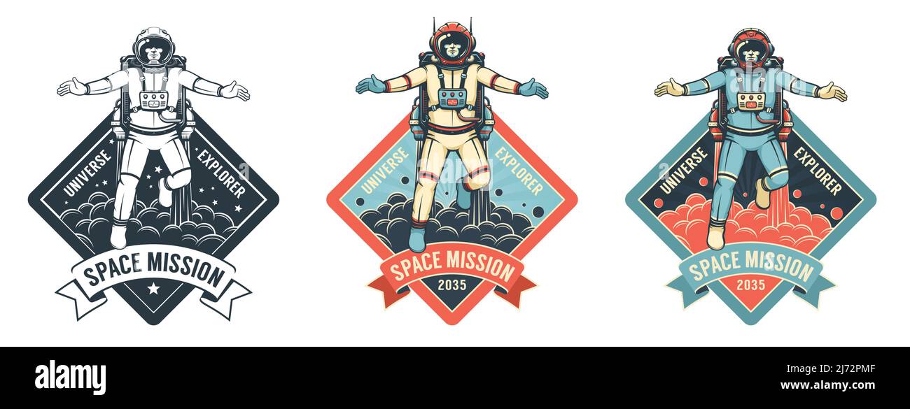 Vintage spacesuit badge con astronauta in spacesuit Illustrazione Vettoriale