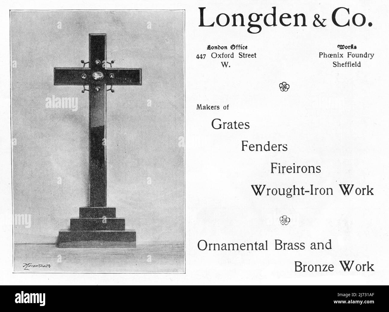 Una pubblicità del 1903 per ‘Longden & Co.’ di Oxford Street, London e Phoenix Foundry, Sheffield. Produttori di grate, parafanghi, ferro da stiro, lavori in ferro battuto, lavori in ottone ornamentale e bronzo. Foto Stock