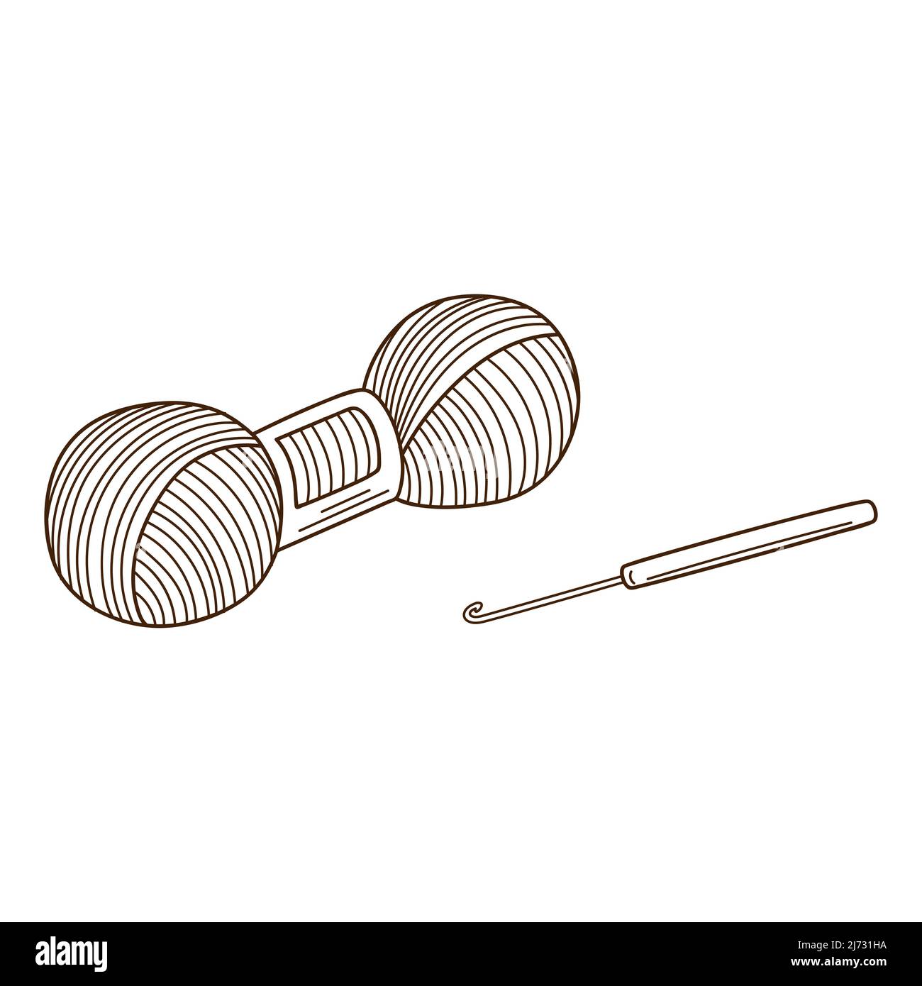 Una matassa di filato e un gancio per maglieria. Lavoro a maglia. Elemento di progettazione con contorno. Doodle, disegnato a mano. Illustrazione vettoriale bianco e nero. Isolato Illustrazione Vettoriale