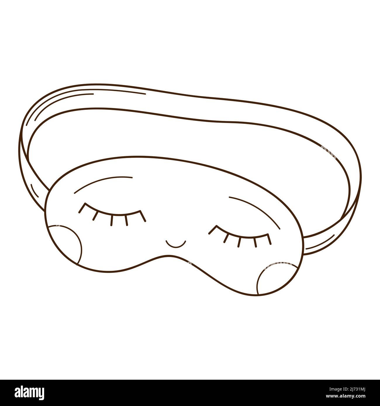Maschera di sonno con gli occhi. Elemento di progettazione con contorno. Doodle, disegnato a mano. Illustrazione vettoriale bianco e nero. Isolato su sfondo bianco. Illustrazione Vettoriale