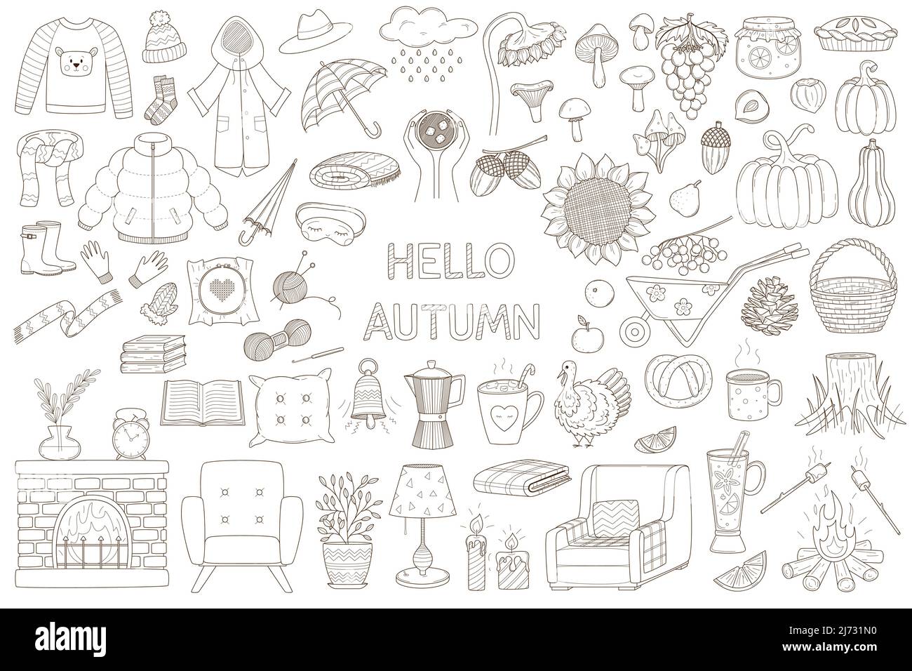 Un insieme di elementi decorativi. Autunno accogliente, abbraccio. Abbigliamento caldo, foresta, raccolto, oggetti interni. Collezione di design di doodles di contorno. Nero bianco ve Illustrazione Vettoriale