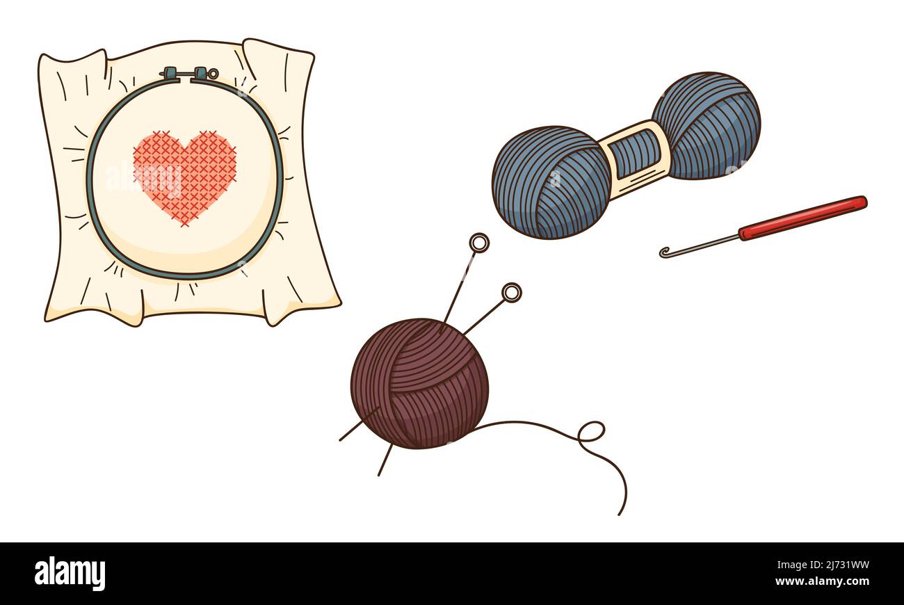Una serie di doodles colorati. Ricamo con cuore, filato, matassa di filo, gancio, aghi per maglieria. Elementi decorativi con contorno e fil Illustrazione Vettoriale