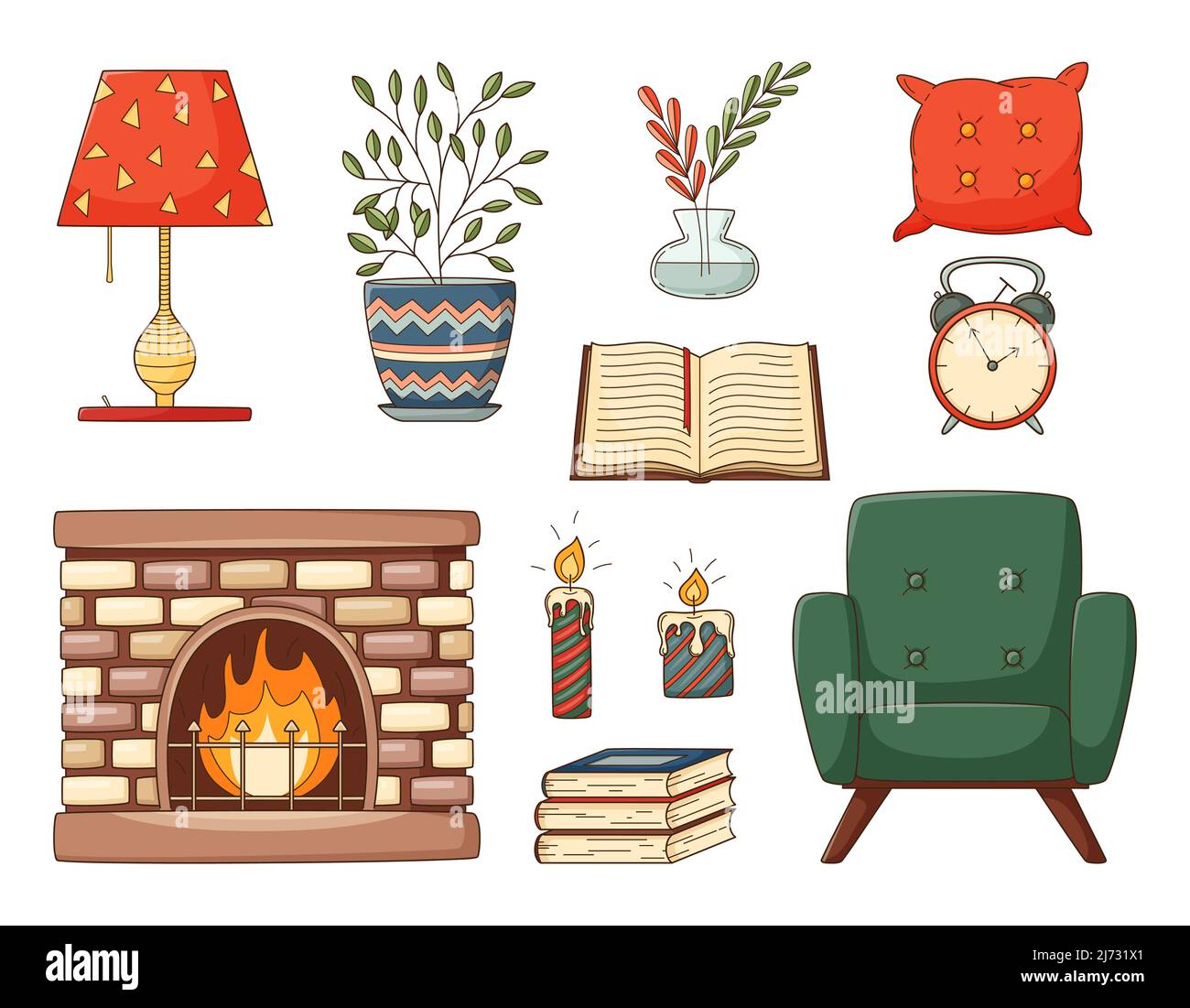 Una serie di doodles colorati. Arredamento casa, poltrona, libri, cuscino, camino, vaso, casalinga, sveglia, candele. Elementi decorativi con strok Illustrazione Vettoriale