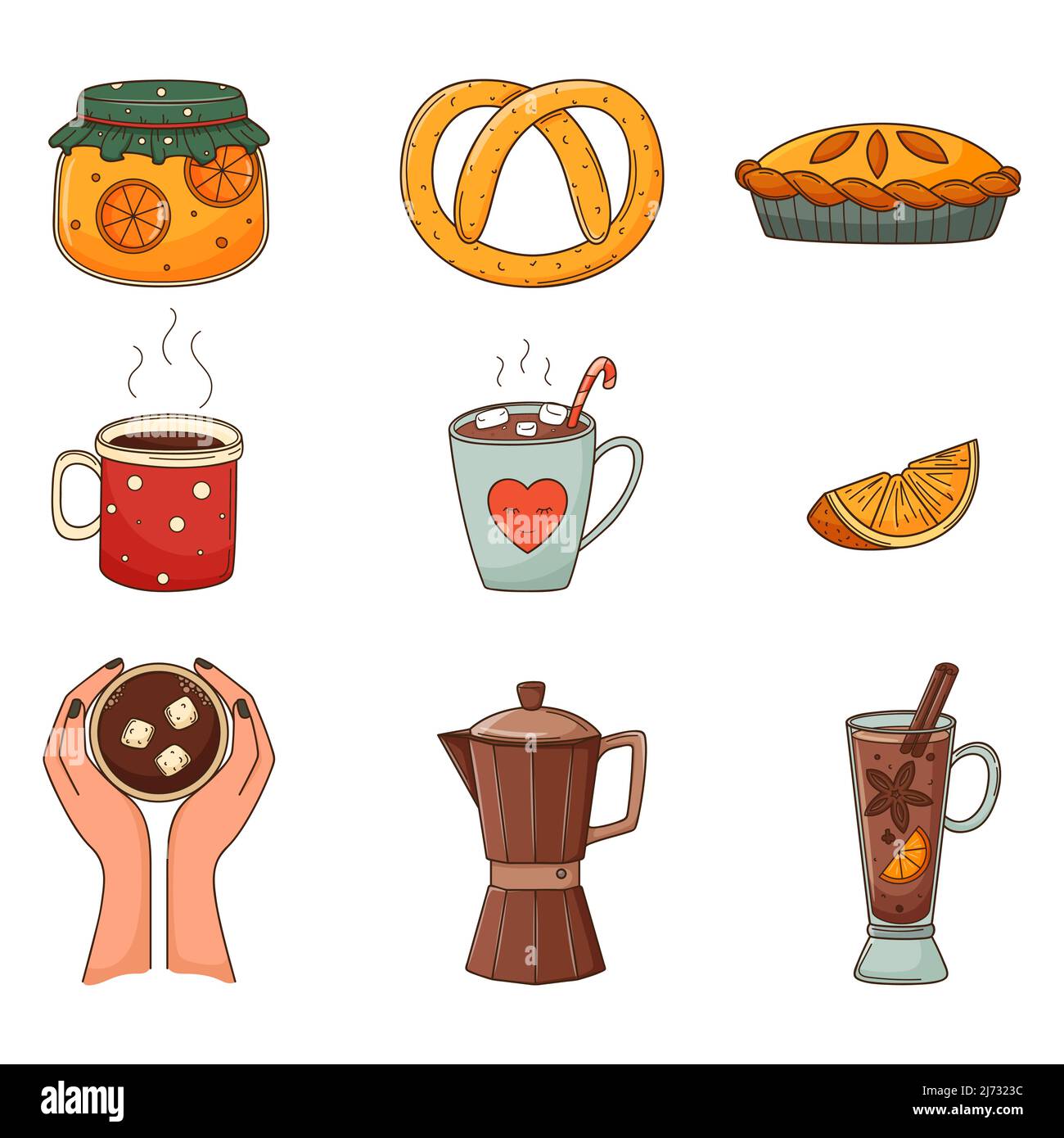 Una serie di doodles colorati. Bevande calde, marmellata in un vaso, pretzel, caffè in mano, cacao, caffettiera, VIN brulé elementi decorativi d'autunno con un colpo a Illustrazione Vettoriale