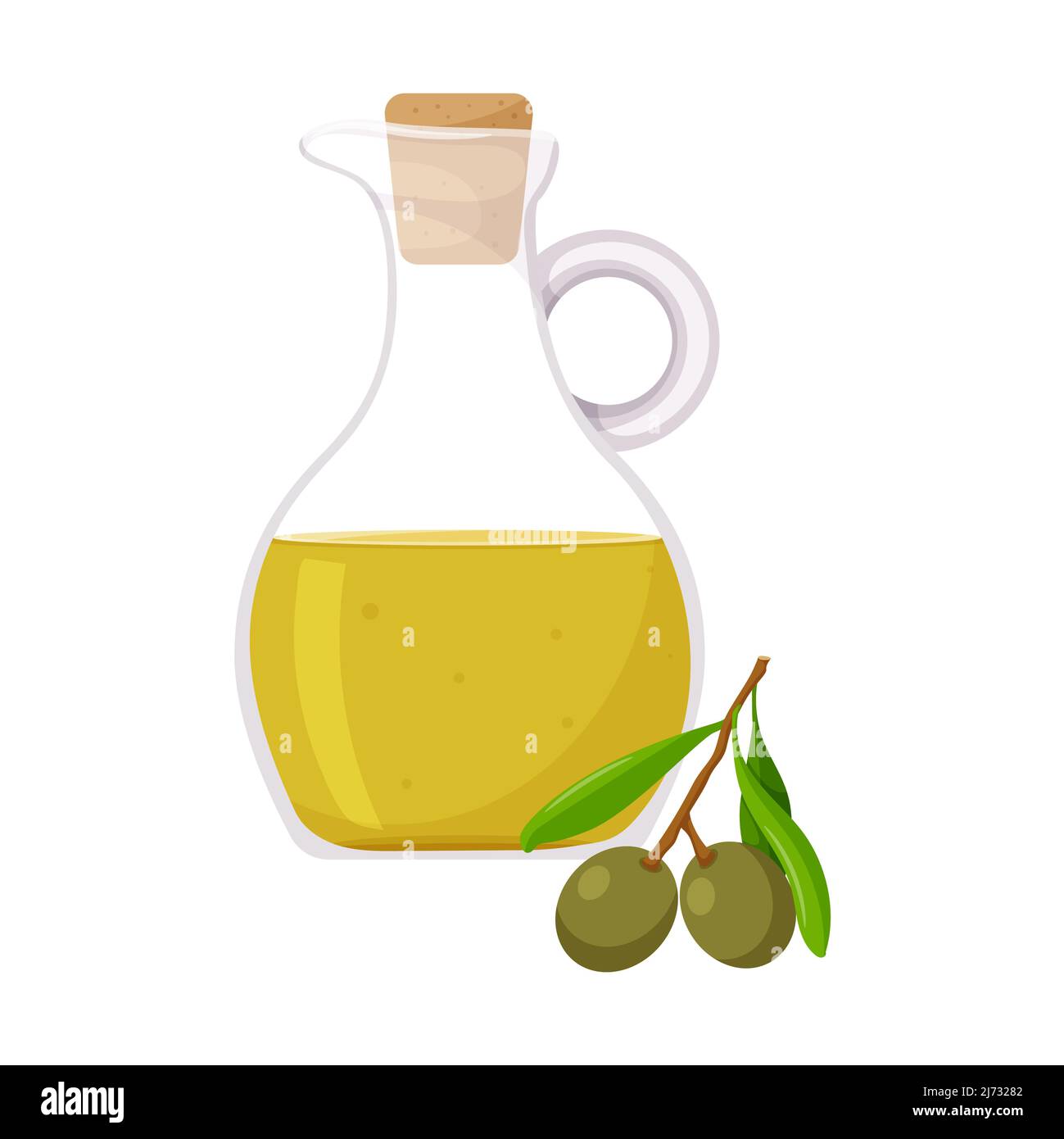 Olio d'oliva in una caraffa. E un ramo di un ulivo con olive verdi. Cibo sano, un ingrediente. Stile cartoon piatto. Isola di illustrazione vettoriale a colori Illustrazione Vettoriale