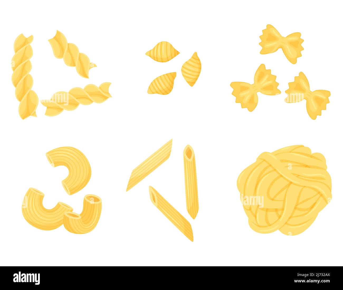 Un set di diversi tipi di pasta. Penne, farfalle, fettuccine, conchiglie, gomiti rigatti, fusilli. Stile cartoon piatto. L'illustrazione del vettore colore è Illustrazione Vettoriale