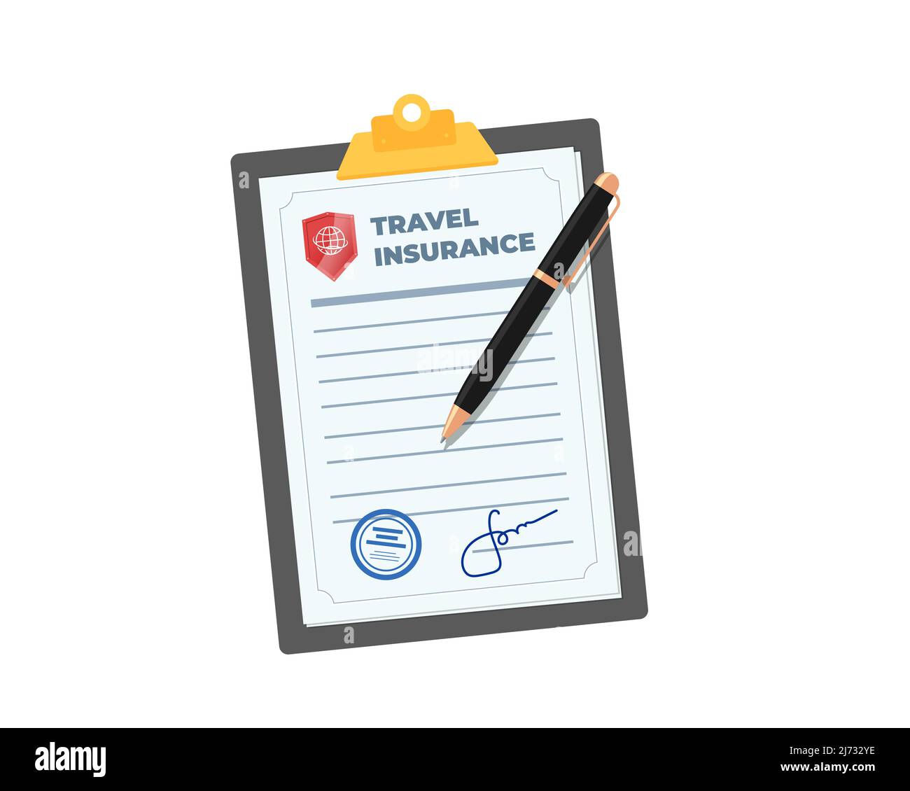 Polizza assicurativa di viaggio sulla clipboard con penna. Volo sicuro in aereo e firmato contratto di protezione della vita turistica e proprietà. Documento di indennizzo in caso di incidente di viaggio del viaggiatore. Icona viaggio di sicurezza Illustrazione Vettoriale