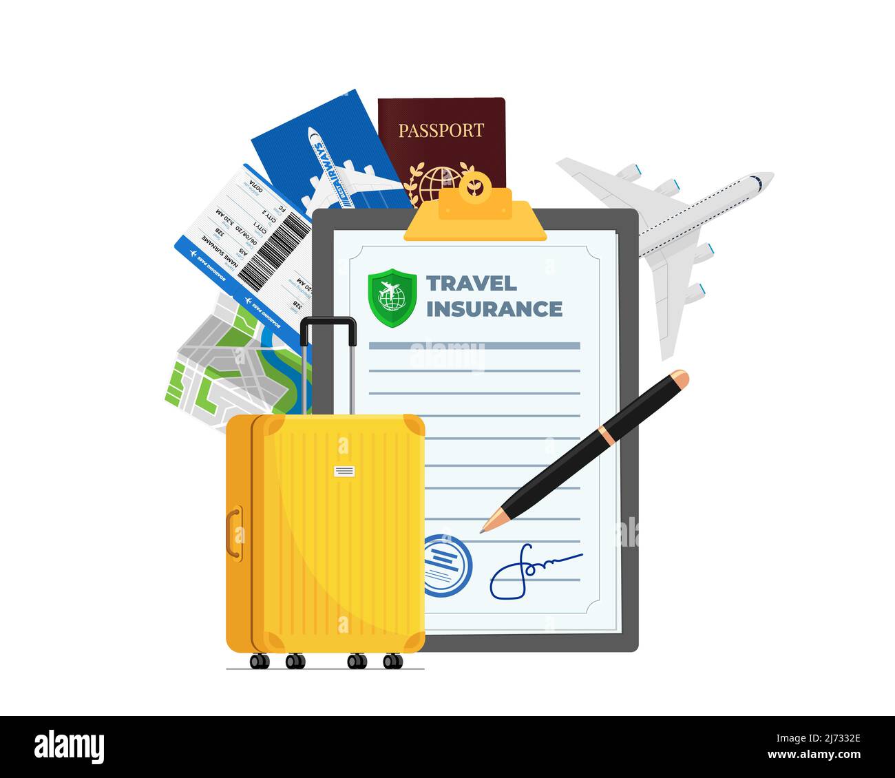 Polizza assicurativa di viaggio con passaporto, biglietto aereo, aereo e valigia gialla. Viaggio sicuro in aereo e firmato contratto di protezione della vita turistica e proprietà. Pronto per il viaggio in aereo di sicurezza Illustrazione Vettoriale