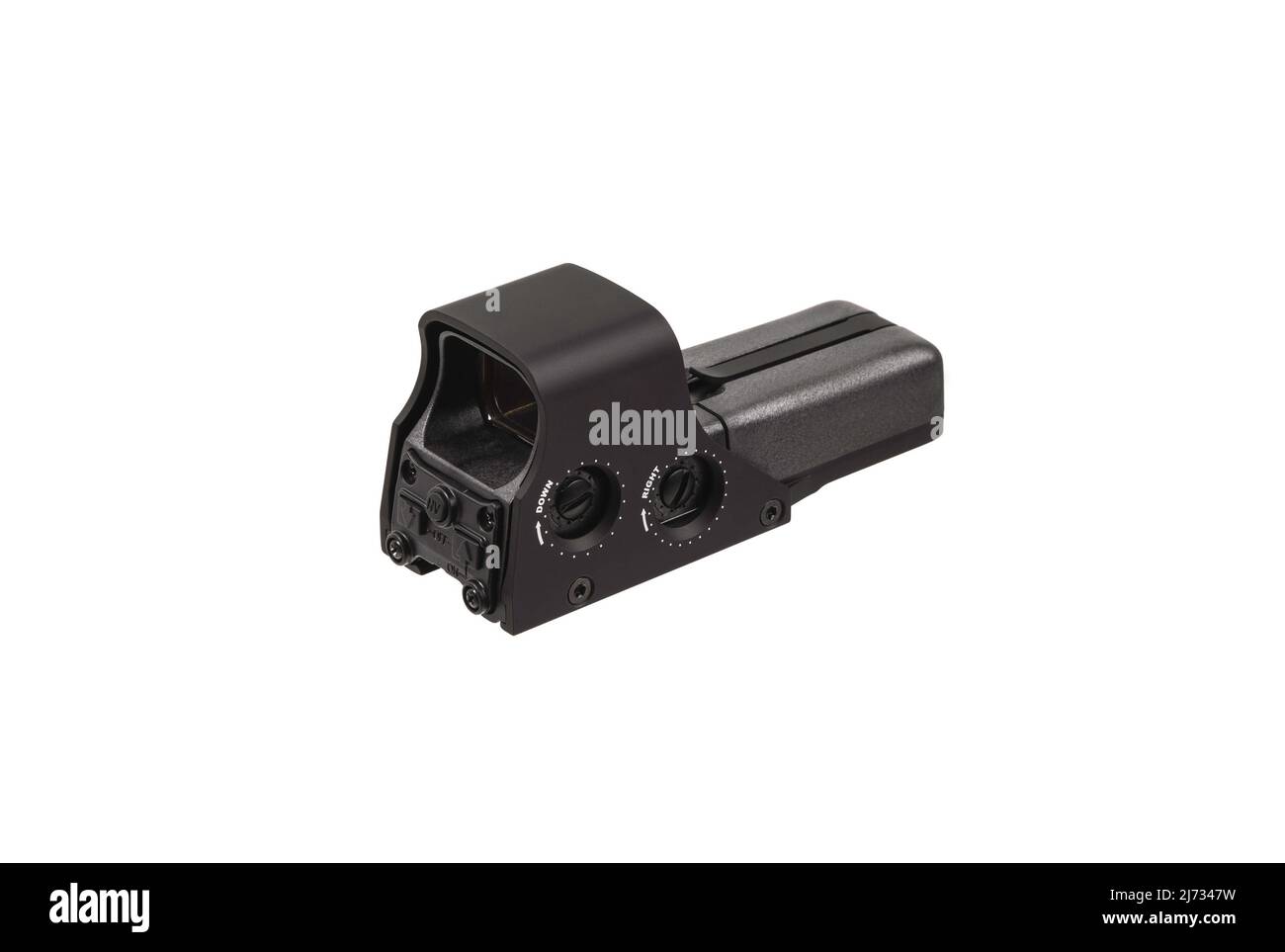 Vista del collimatore ottico moderno. Dispositivo di puntamento per riprese a brevi distanze. Isolare su sfondo bianco. Foto Stock