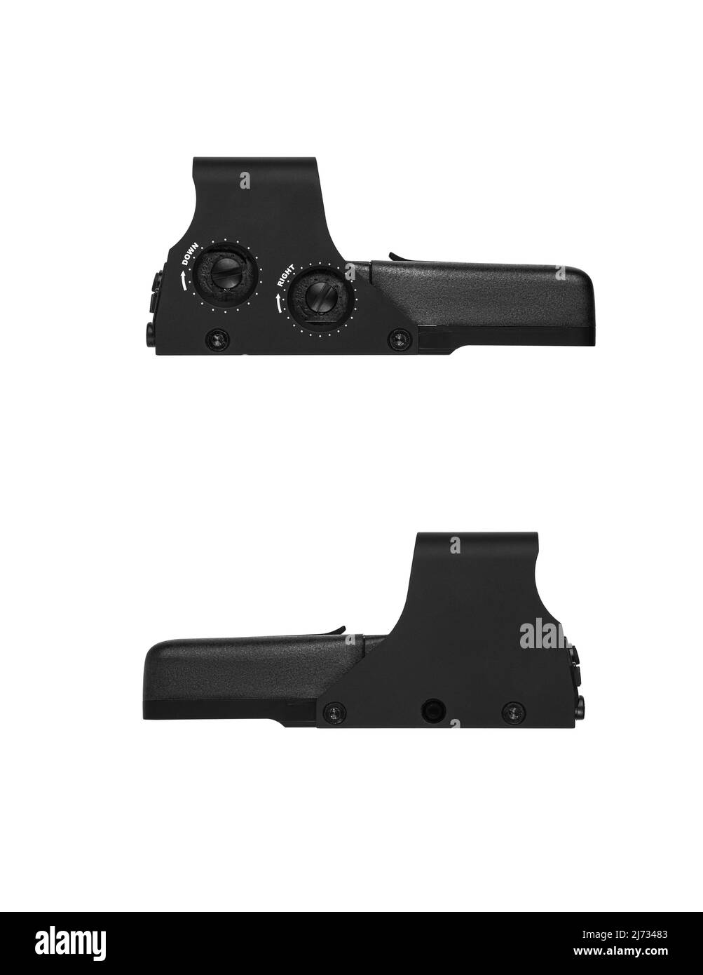 Vista del collimatore ottico moderno. Dispositivo di puntamento per riprese a brevi distanze. Isolare su sfondo bianco. Foto Stock