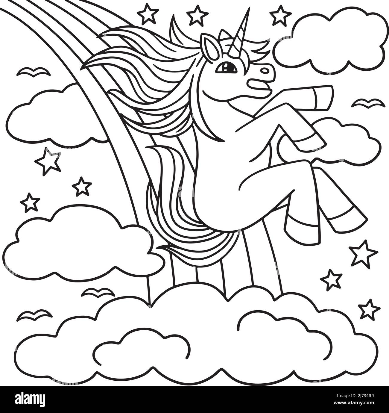 Unicorno che scorre sulla pagina colorazione arcobaleno Illustrazione Vettoriale
