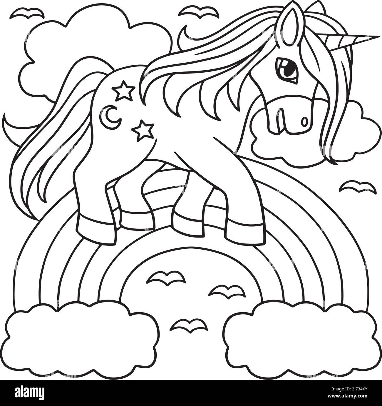 Unicorn Walking on the Rainbow Coloring Page Illustrazione Vettoriale