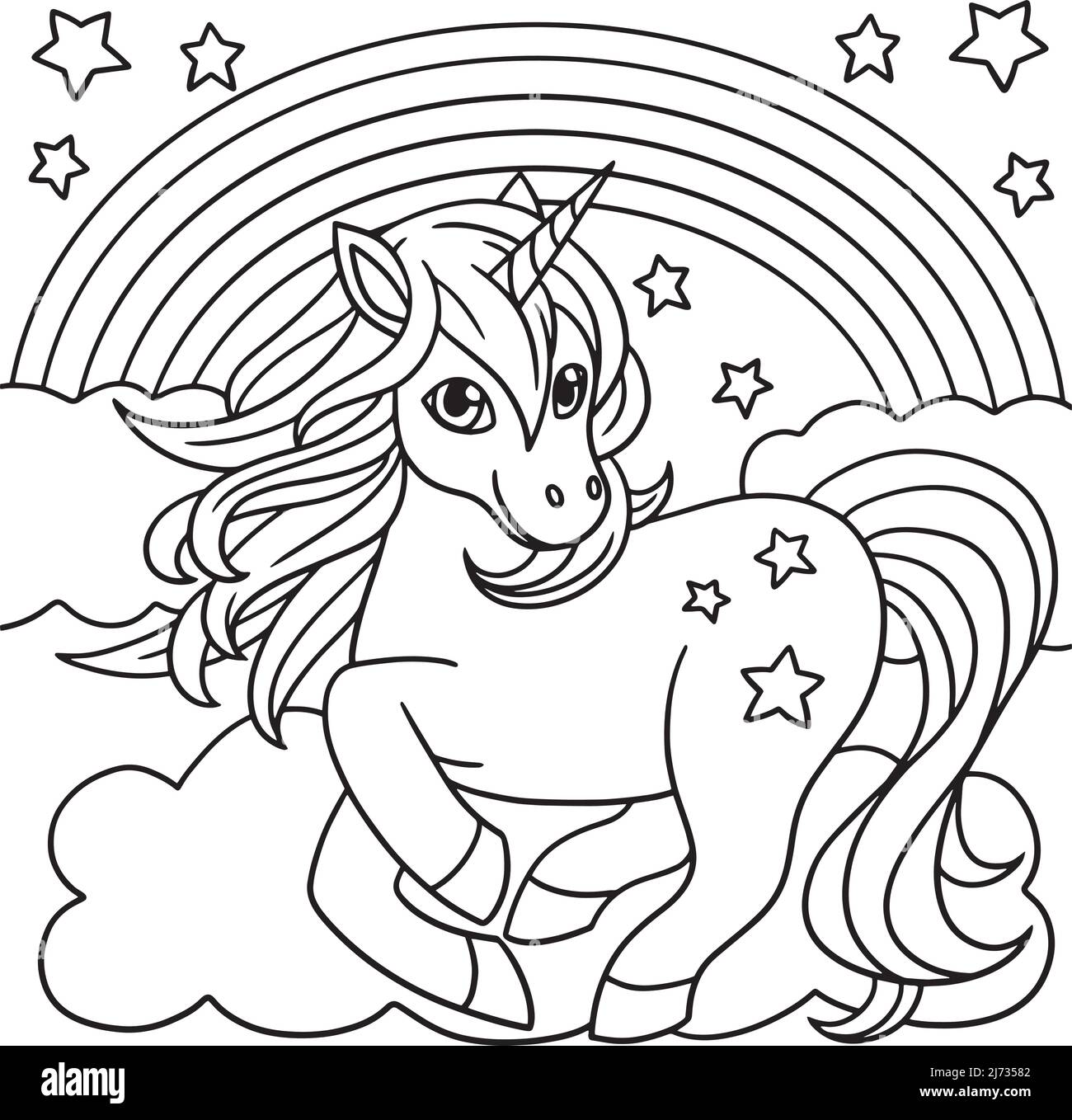 Unicorno in piedi sotto la pagina di colorazione arcobaleno Illustrazione Vettoriale