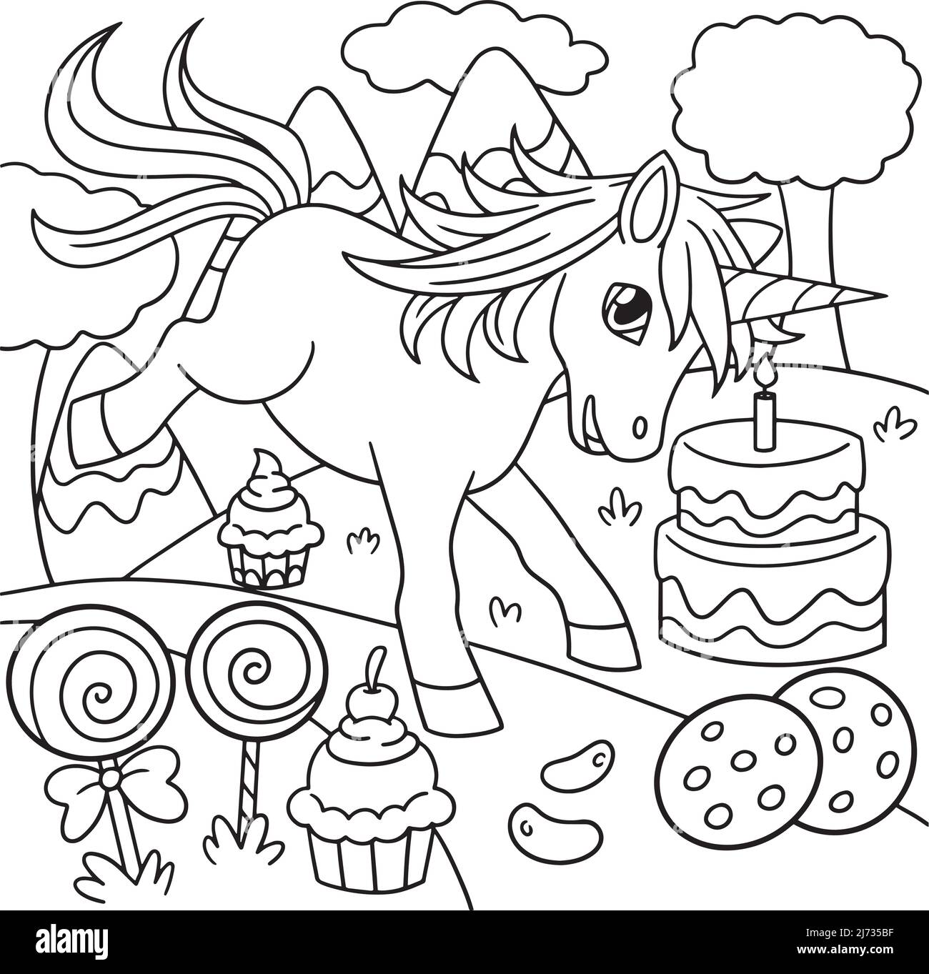 Unicorn in Candy Land colorazione pagina per i bambini Illustrazione Vettoriale