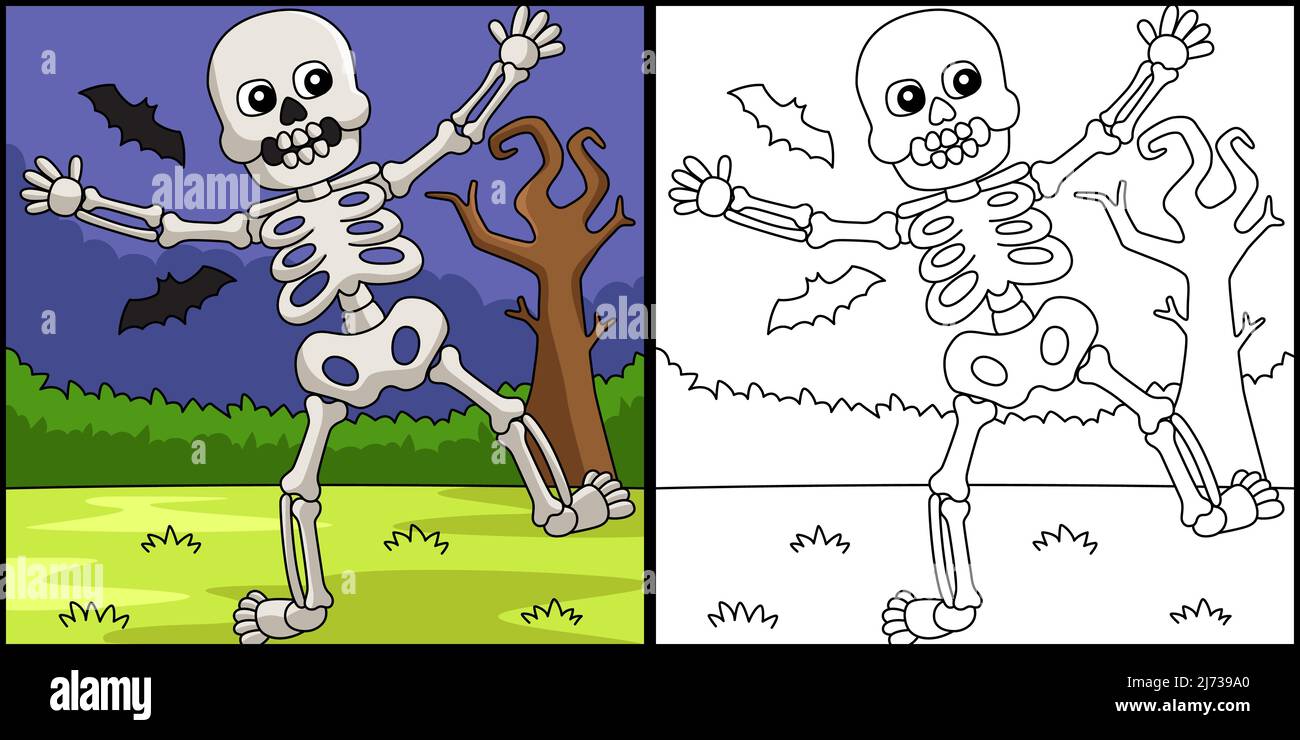 Illustrazione della colorazione di Halloween Skeleton Dancing Illustrazione Vettoriale