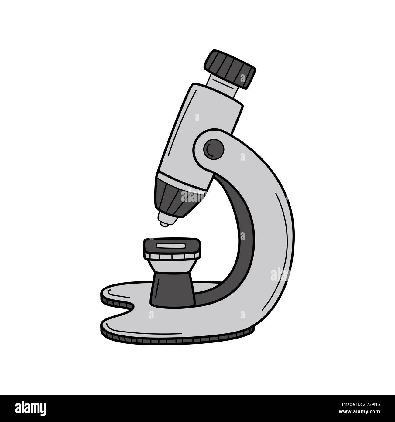 Un microscopio. Stile Doodle. Un dispositivo ottico. Un simbolo di scienza, biologia, studio, ricerca. Illustrazione vettoriale colorata disegnata a mano. Il design elem Illustrazione Vettoriale