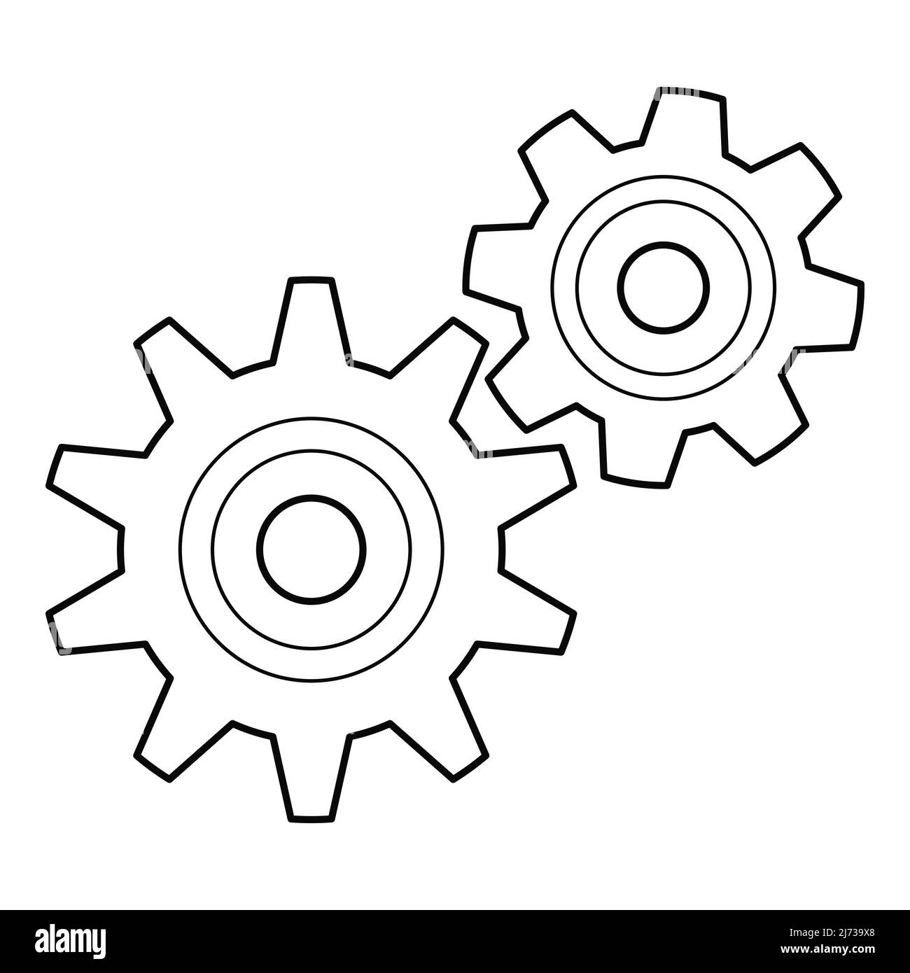 Due ingranaggi. Un simbolo di adattamento, formazione, meccanismo, relazione. Illustrazione vettoriale in bianco e nero disegnata a mano. Isolato su sfondo bianco Illustrazione Vettoriale