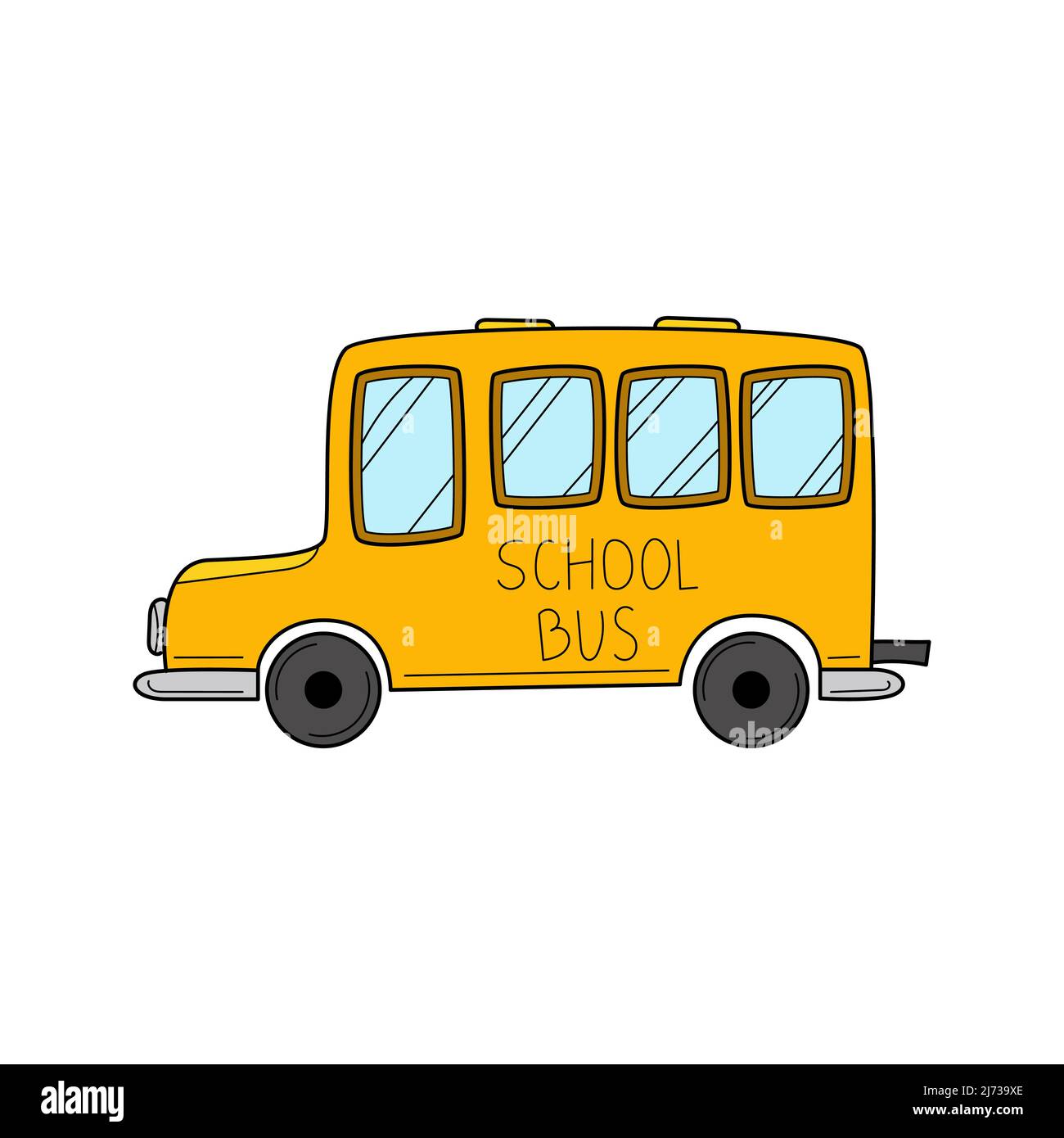 Autobus scolastico in stile Doodle. Illustrazione vettoriale bianca colorata disegnata a mano. Gli elementi di design sono isolati su sfondo bianco. Illustrazione Vettoriale