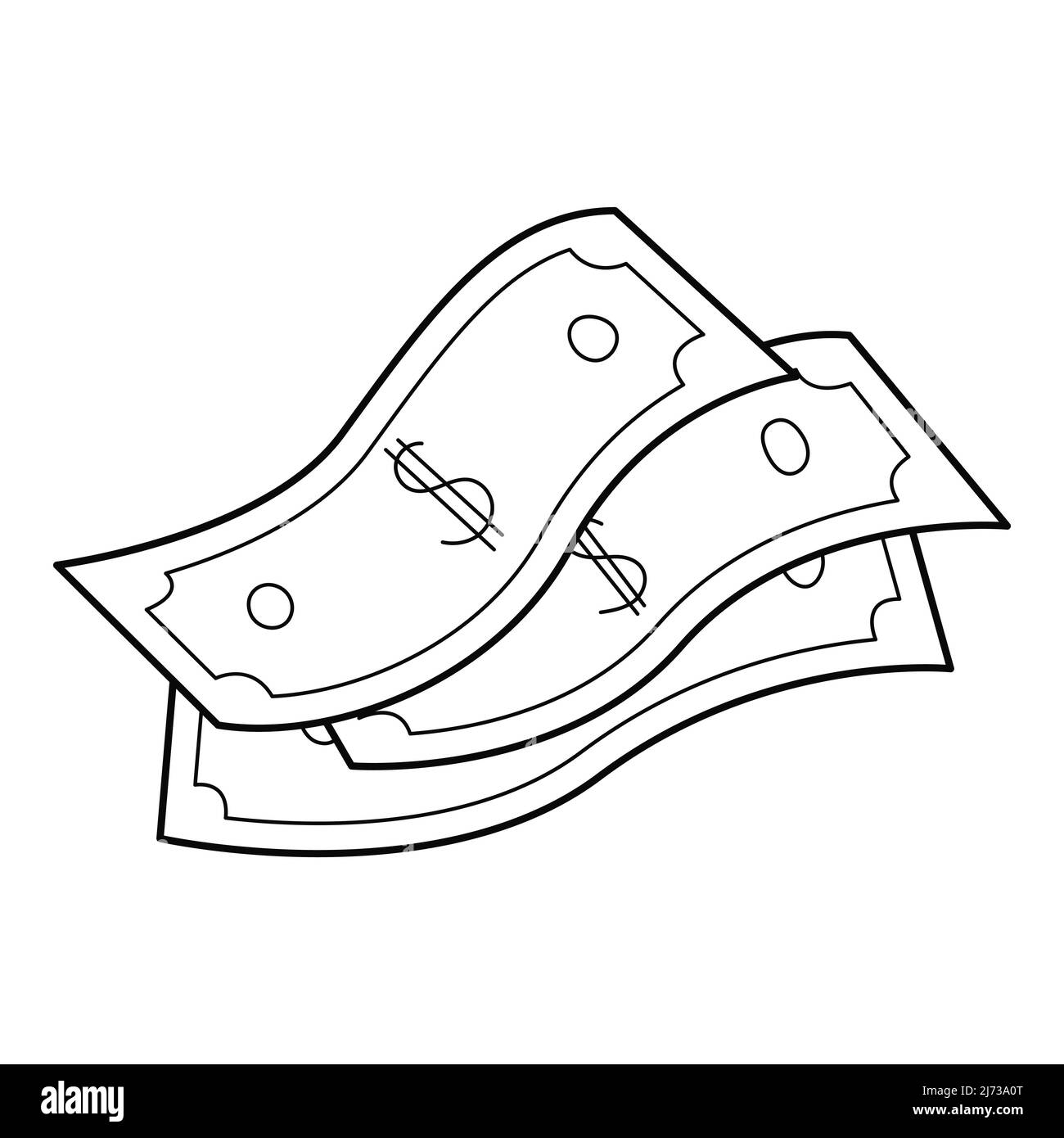 Una pila di banconote in carta. Un pacchetto di fatture del dollaro. Un simbolo di accumulazione di denaro, ricchezza, una tangente. Icona lineare. Vettore bianco e nero disegnato a mano Illustrazione Vettoriale