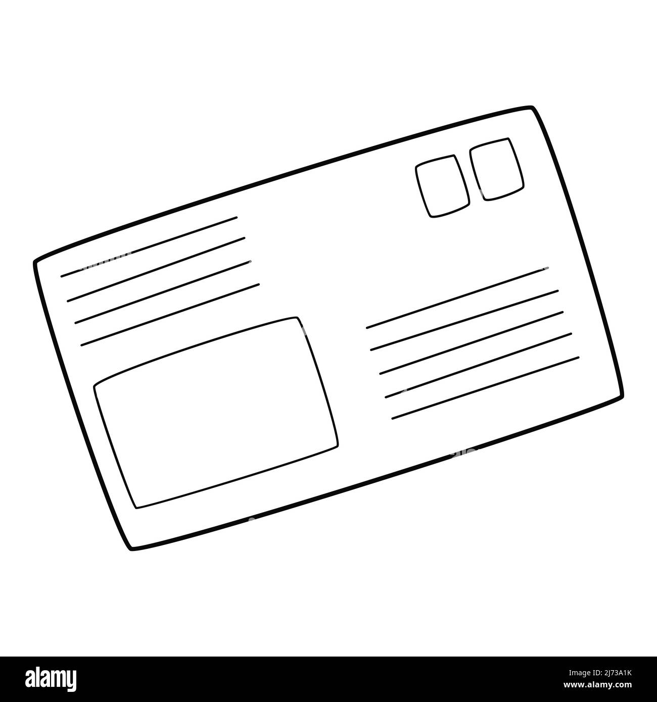 Una busta chiusa. Una lettera con timbri. Corrispondenza postale, messaggio. Icona lineare. Illustrazione vettoriale in bianco e nero disegnata a mano. Isolato su un molo Illustrazione Vettoriale