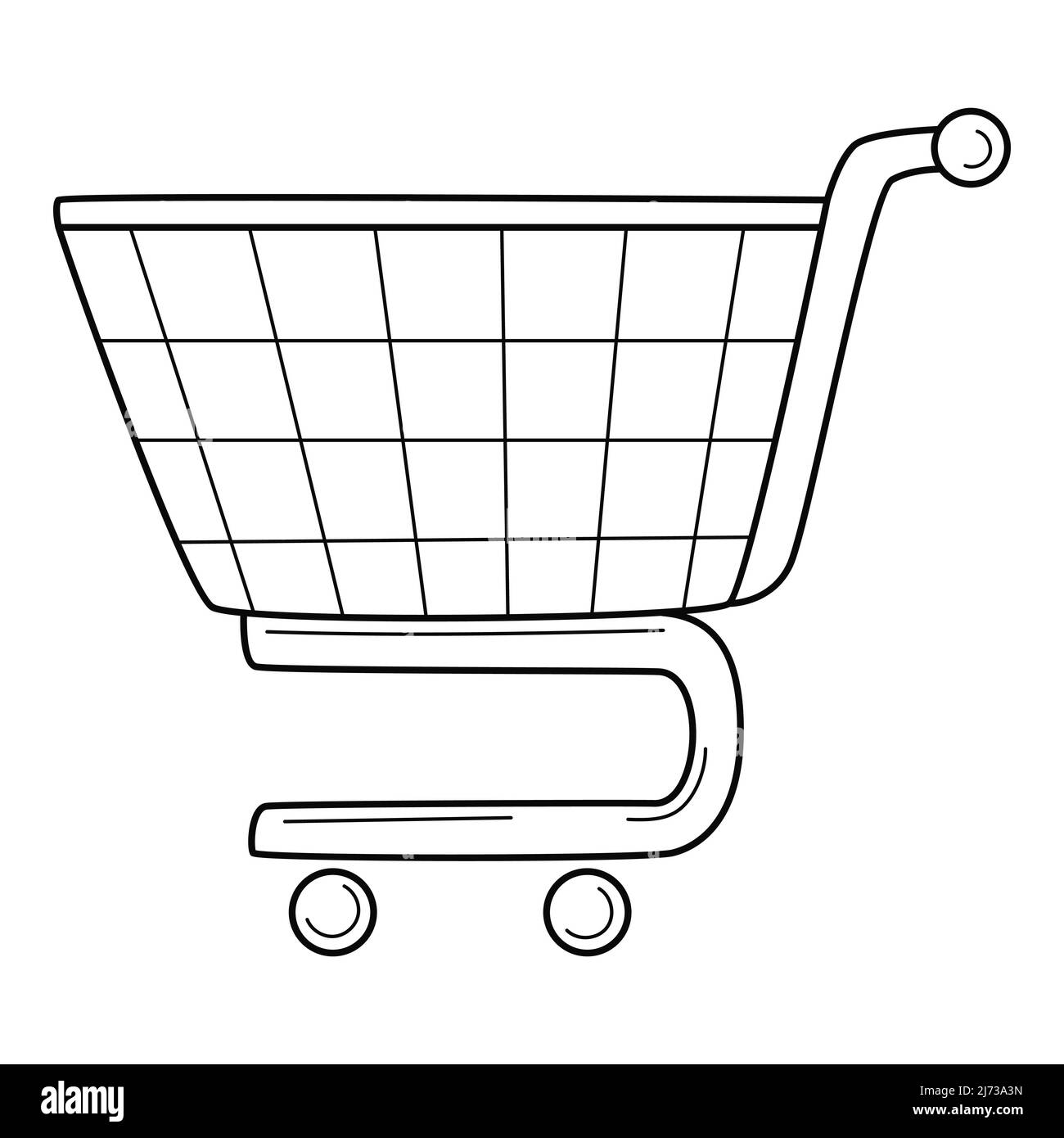 Un carrello. Un simbolo di un supermercato, shopping. Icona lineare. Illustrazione vettoriale in bianco e nero disegnata a mano. Isolato su sfondo bianco Illustrazione Vettoriale